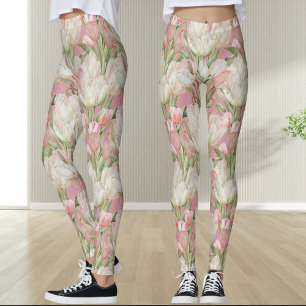 Modern Pink Elegant Tulips with Gold Pattern Leggings