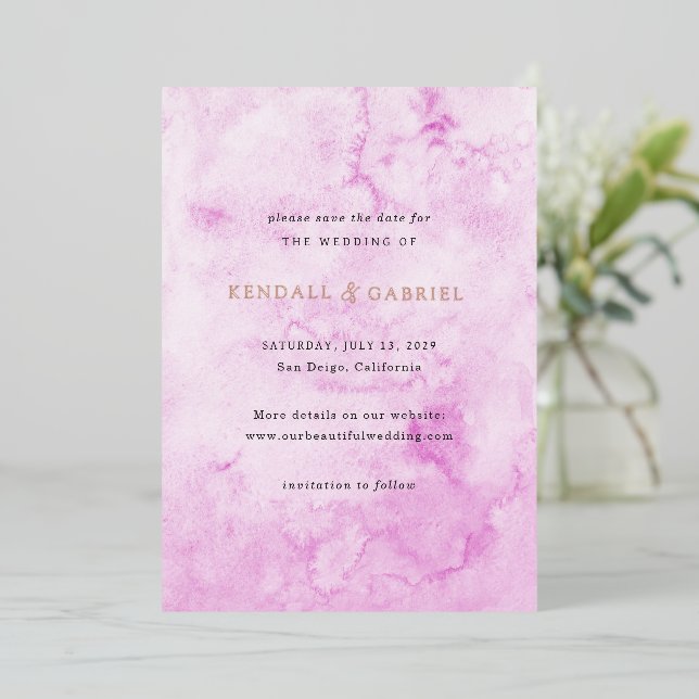 Modern Pink Elegant Wedding Save the Date Foil Invitation (Standing Front)