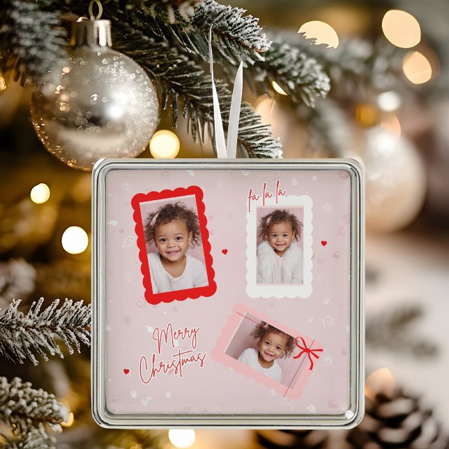 Modern Pink “Fa La La” Multi Photo Christmas Metal Ornament (Creator Uploaded)
