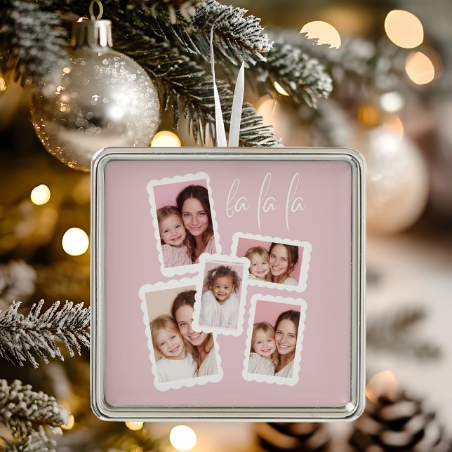 Modern Pink “Fa La La” Multi Photo Christmas Metal Ornament (Creator Uploaded)