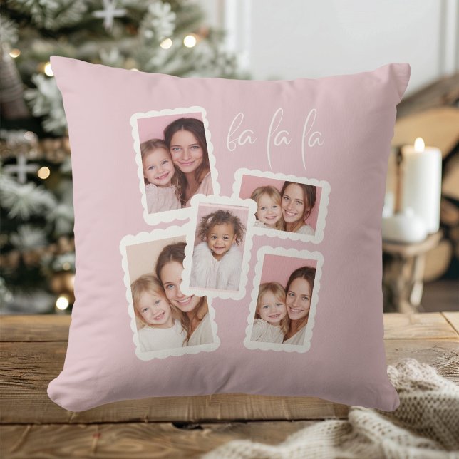 Modern Pink “Fa La La” Multi Photo Christmas Throw Pillow (Creator Uploaded)