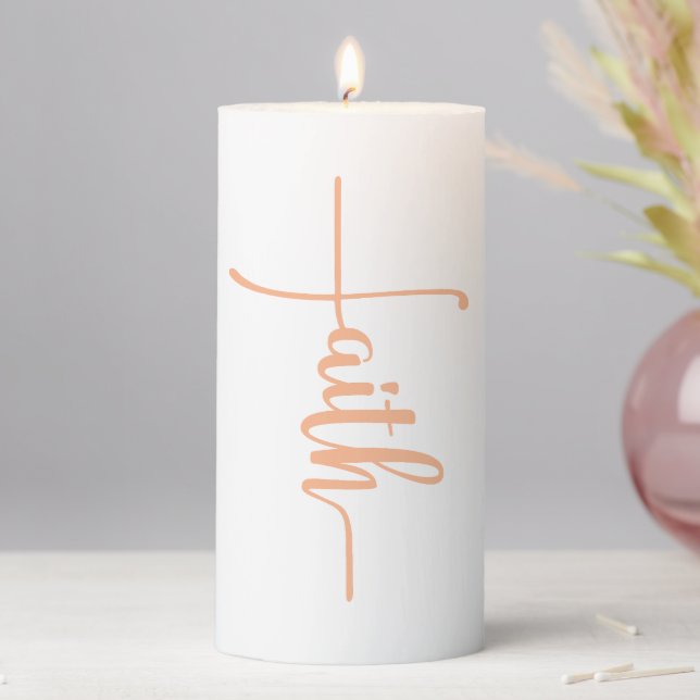 Modern Pink Faith Script Cross Pillar Candle (In Situ)