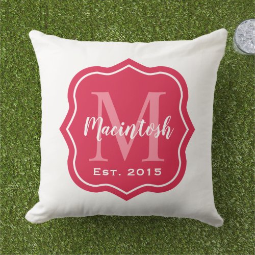 Modern Pink Family Monogram Letter Welcome Outdoor Pillow