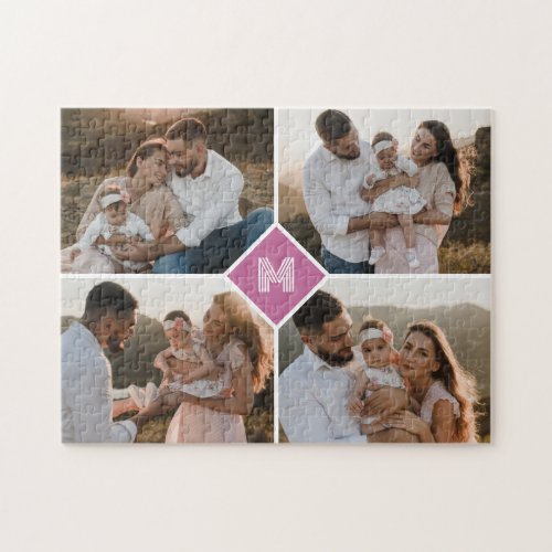 Modern Pink Family Photo Collage Monogram Jigsaw Puzzle