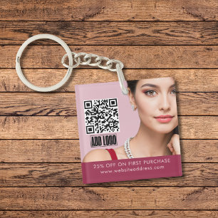 Modern Pink Fashion Jewelry Business Logo QR Code Keychain