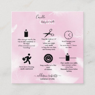 Modern pink feather Candle Care Square Business Card