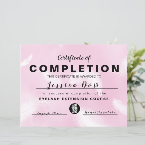 Modern pink feather Certificate of completion