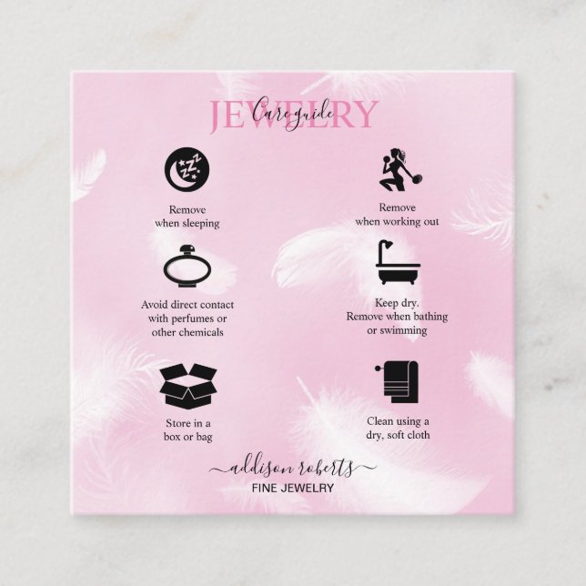 Modern pink feather Jewelry Care  Square Business Card (Front)