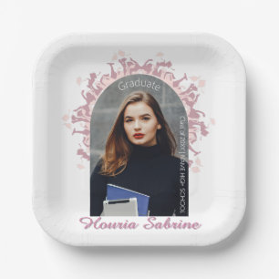 Modern Pink feminine Graduate silhouette Border Paper Plates