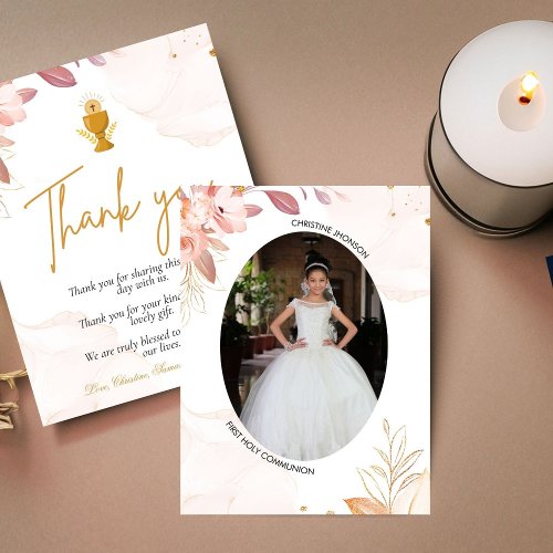 Modern pink  first holy communion  thank you card