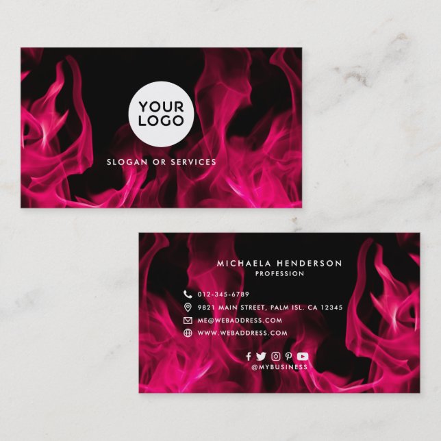 Modern Pink Flames Custom Logo & Social Icons Business Card (Front/Back)