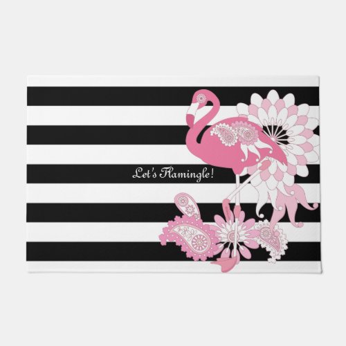 Modern  Pink Flamingo Black and White Striped Doormat