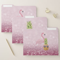 Modern Pink Flamingo,Cool Pineapple Glitter Bokeh  File Folder