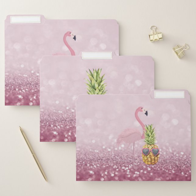 Modern Pink Flamingo,Cool Pineapple Glitter Bokeh  File Folder (Set)