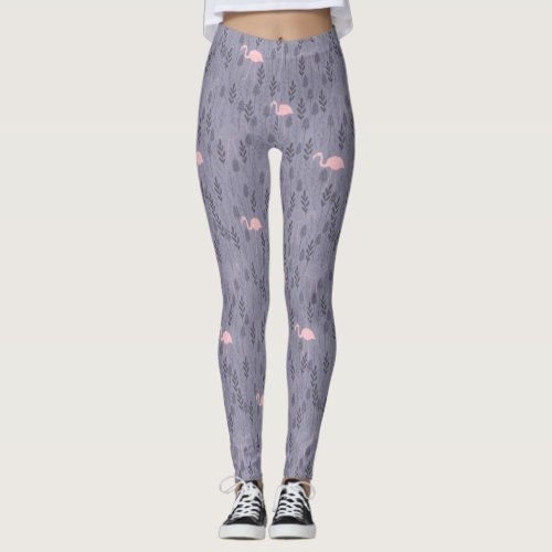 Modern Pink Flamingo Dark Purple floral Patterned Leggings