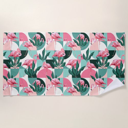 Modern Pink Flamingo Geometric Girly Chic Pattern Beach Towel