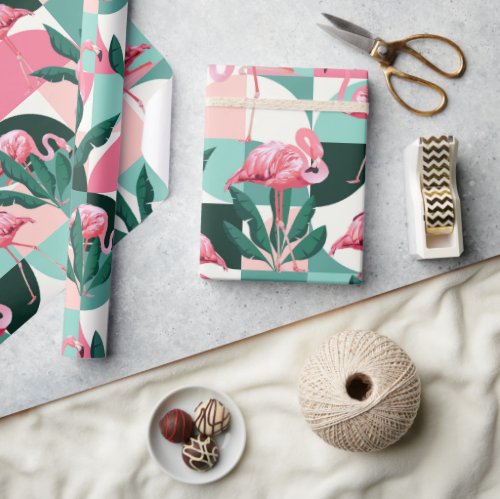 Modern Pink Flamingo Geometric Girly Chic Pattern Wrapping Paper