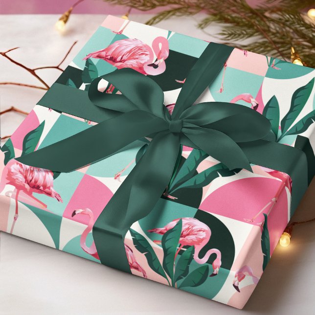 Modern Pink Flamingo Geometric Girly Chic Pattern Wrapping Paper (Creator Uploaded)