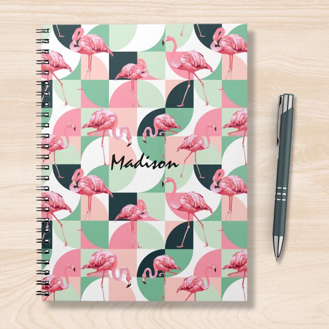 Modern Pink Flamingo Geometric Girly Personalized Notebook (Creator Uploaded)