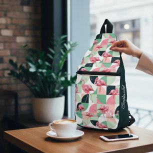 Modern Pink Flamingo Geometric Girly Personalized Sling Bag
