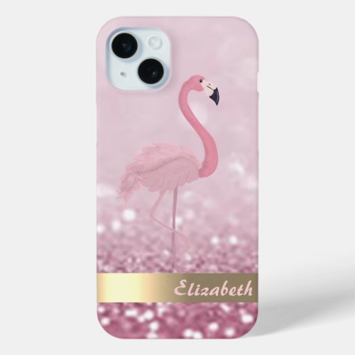 Modern Pink Flamingo Glitter Bokeh _ Personalized iPhone 15 Plus Case