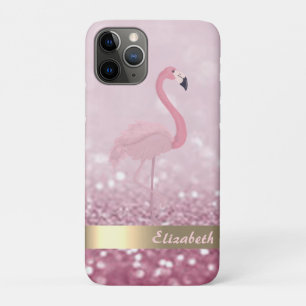 Modern Pink Flamingo Glitter Bokeh - Personalized iPhone 11 Pro Case