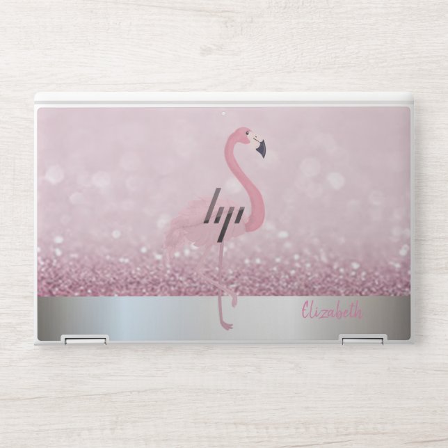 Modern Pink Flamingo Glitter Bokeh - Personalized HP Laptop Skin (Front)