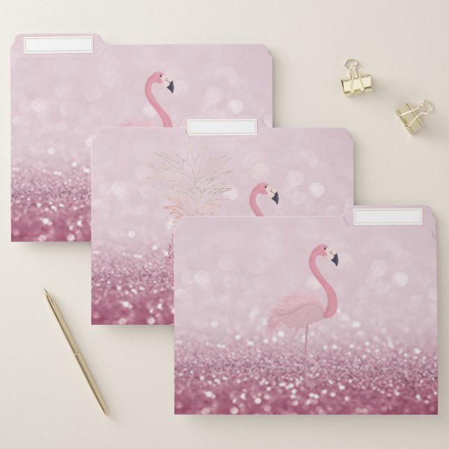 Modern Pink Flamingo, Pineapple Glitter Bokeh File Folder (Set)