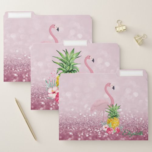Modern Pink Flamingo Pineapple Hibiscus Bokeh  File Folder