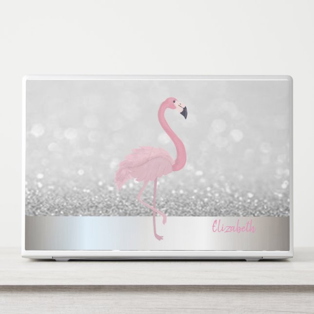 Modern Pink Flamingo Silver Glitter Bokeh HP Laptop Skin (Front)
