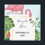 Modern Pink Flamingo Wedding Save the Date Magnet<br><div class="desc">A wedding save the date magnet with a cute and whimsical pink flamingo. Surrounded by green tropical leaves,  and red and yellow hibiscus flowers. A rectangle shaped,  gold gradient frame in the center.</div>
