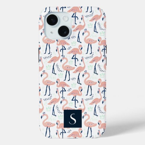 Modern Pink Flamingos Monogram iPhone 15 Case