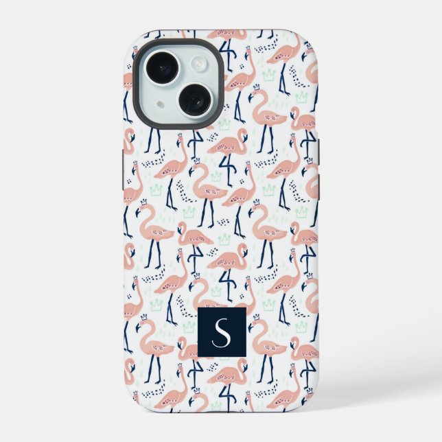 Modern Pink Flamingos Monogram Iphone Case (Back)