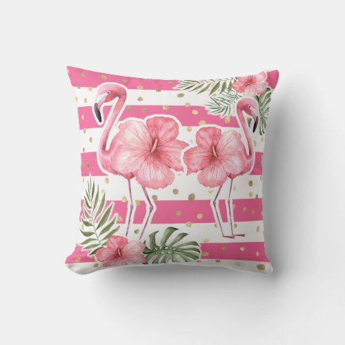 Modern Pink Flamingos Tropical Floral Leaves Throw Pillow