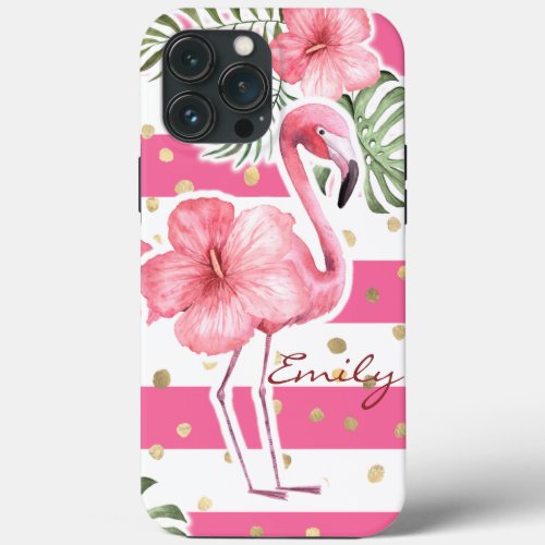 Modern Pink Flamingos Tropical Floral Personalized iPhone 13 Pro Max Case