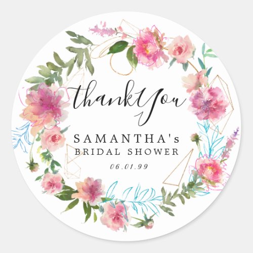 Modern Pink Flora and Goldl Bridal Shower Classic Round Sticker