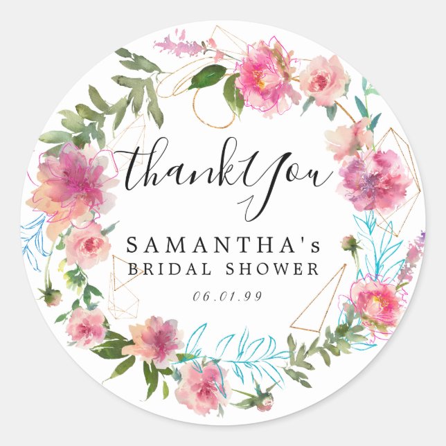 Modern Pink Flora and Goldl Bridal Shower Classic Round Sticker (Front)