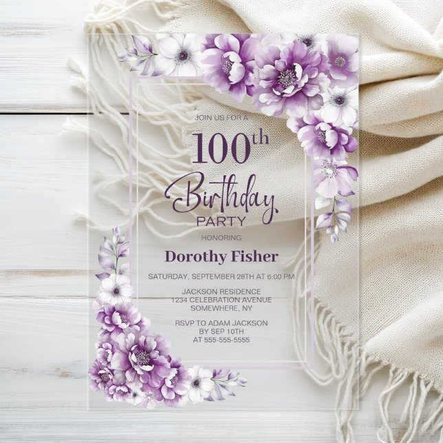 Modern Pink Floral 100th Birthday Party Acrylic Invitations (Creator Uploaded)