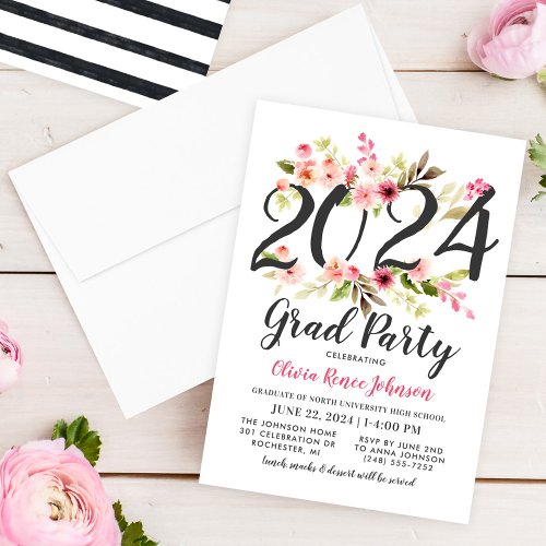 Modern Pink Floral 2024 Grad Party Graduation Invitation