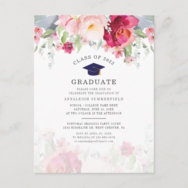 Modern Pink Floral 2025 Graduation Party Invitation Postcard (Front)
