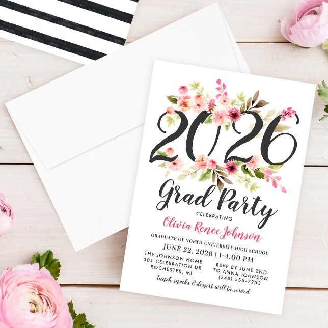 Modern Pink Floral 2026 Grad Party Graduation Invitation (Creator Uploaded)