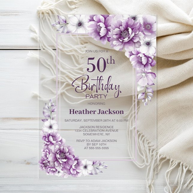 Modern Pink Floral 50th Birthday Party Acrylic Invitations (Creator Uploaded)