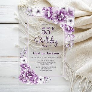 Modern Pink Floral 55th Birthday Party Acrylic Invitations