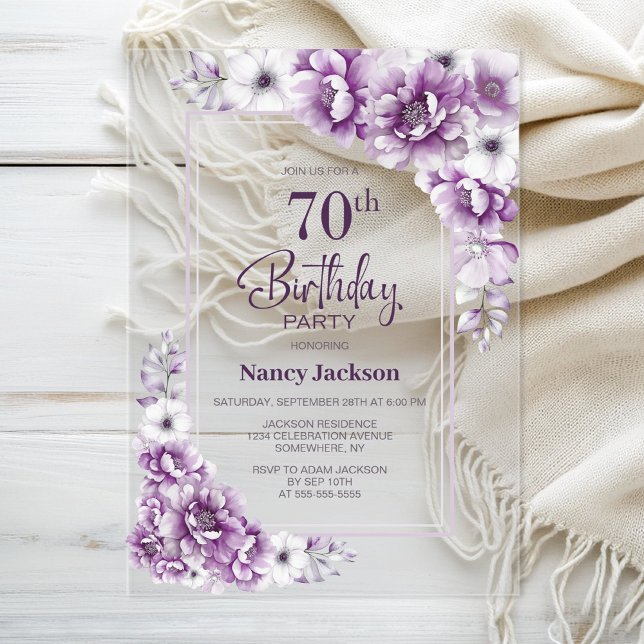 Modern Pink Floral 70th Birthday Party Acrylic Invitations (Creator Uploaded)