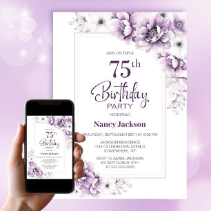 Modern Pink Floral 75th Birthday Party Invitation