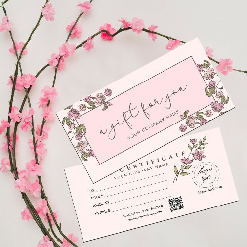 Modern Pink Floral Add Logo Gift Certificate