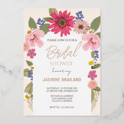 Modern Pink Floral Arch Bridal Shower Gold     Foil Invitation