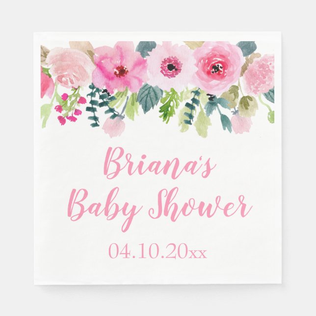 Modern Pink Floral Baby Shower Luncheon Napkins (Front)