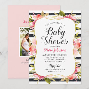 Modern Pink Floral Baby Shower Photo Girl Invitation