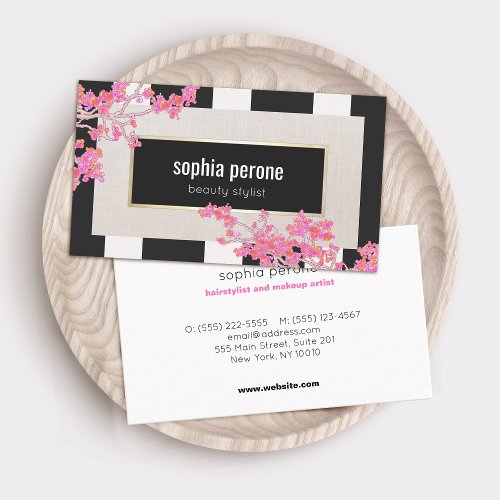 Modern Pink Floral Black and White Stripes Salon Business Card